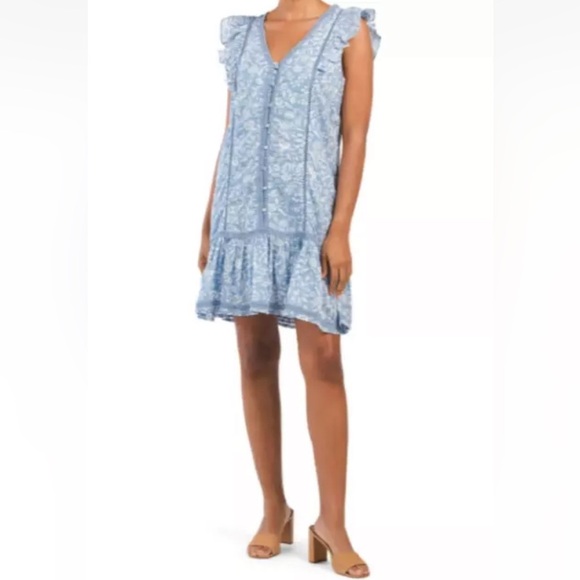 Lucky Brand Crochet Trim Ruffle Shoulder Flounce Floral Mini Dress Blue White M - Picture 1 of 11